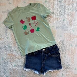 Cat & Jack 4T Apple Shirt Denim Shorts Outfit Girls Summer Bundle
